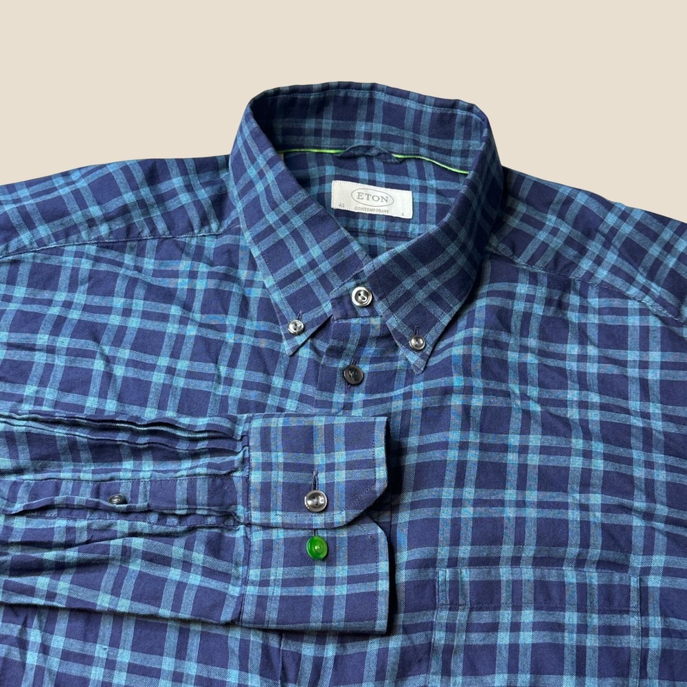 Eton Shirt Mens L 42 16.5 Contemporary Chelsea Blue Plaid Button Down Collar